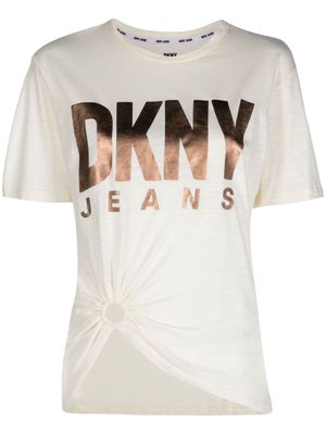 DKNY logo-print knot-detail T-shirt - Neutrals
