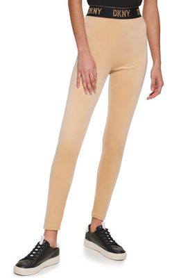DKNY Logo Waist Velour Leggings in Palamino/Gold