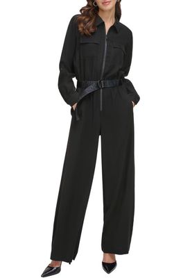 DKNY Long Sleeve Belted Jumpsuit in Black