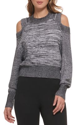DKNY Marled Cold Shoulder Sweater in Black/White