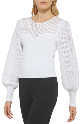 DKNY Mesh Yoke Sweetheart Sweater in White