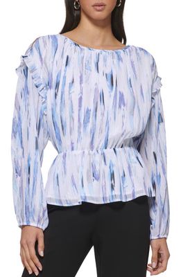 DKNY Metallic Abstract Print Cold Shoulder Peplum Top in White/Flint Multi