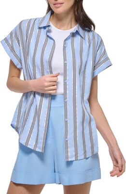 DKNY Metallic Stripe Short Sleeve Button-Up Shirt in Frosting Blue Combo