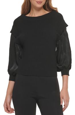 DKNY Mixed Media Blouson Sleeve Rib Sweater in Black/Black
