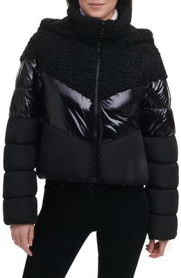 DKNY Mixed Media Hooded Puffer Jacket in Black