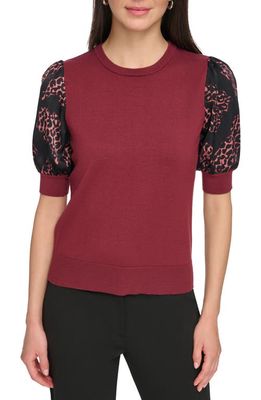 DKNY Mixed Media Puff Sleeve Sweater in Cabernet/Black/Cab Multi