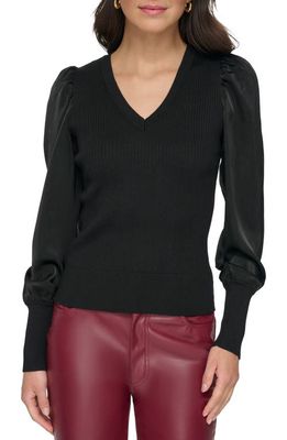 DKNY Mixed Media V-Neck Sweater in Black/Black