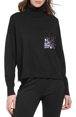 DKNY Ombré Sequin Pocket Long Sleeve Turtleneck Sweater in Black