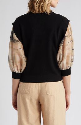DKNY Organza Three-Quarter Sleeve Mixed Media Sweater in Black/Ivory/Sandalwood Multi