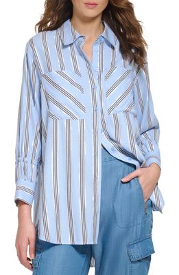 DKNY Oversize Stripe Cotton Blend Button-Up Shirt in Frosting Blue Combo