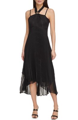 DKNY Pleated Halter Neck High-Low Dress in Black