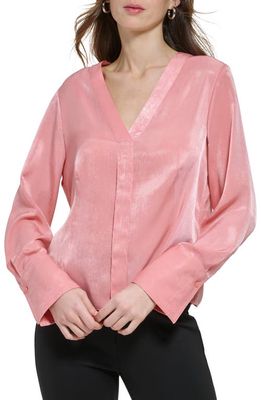 DKNY Pleated V-Neck Satin Blouse in Rouge Blush