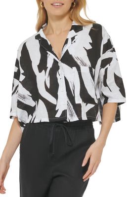 DKNY Print Cotton Blend Camp Shirt in White/Black Multi