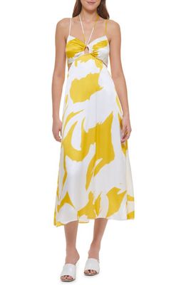 DKNY Print Halter Maxi Dress in White/Pop Yellow Multi