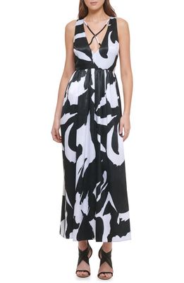 DKNY Print Sleeveless Satin Dress in White/Black Multi