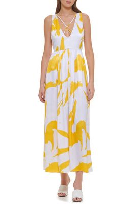 DKNY Print Sleeveless Satin Dress in White/Pop Yellow Multi