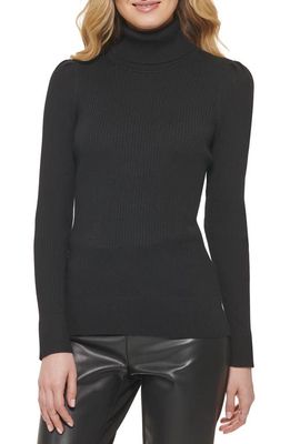DKNY Puff Sleeve Rib Turtleneck Sweater in Black