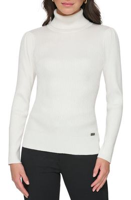 DKNY Puff Sleeve Rib Turtleneck Sweater in Ivory