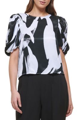 DKNY Puff Sleeve Satin Blouse in White/Black Multi