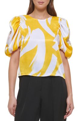 DKNY Puff Sleeve Satin Blouse in White/Pop Yellow Multi