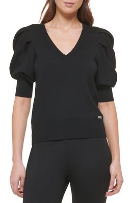DKNY Puff Sleeve V-Neck Sweater in Black