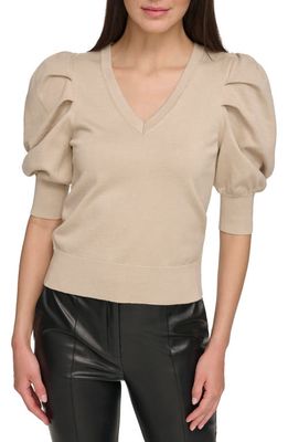DKNY Puff Sleeve V-Neck Sweater in Pebble