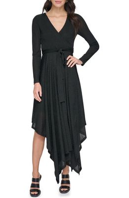 DKNY Rib Belted Long Sleeve Hacci Sweater Dress in Black