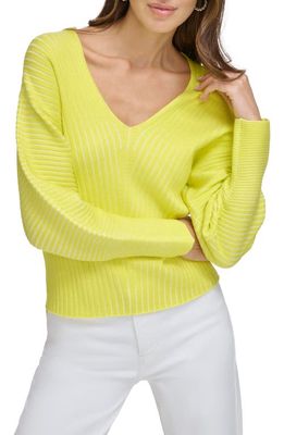 DKNY Rib V-Neck Sweater in Ivory/Limonata
