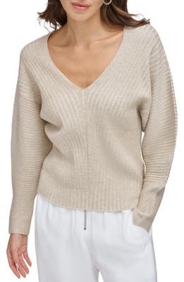DKNY Rib V-Neck Sweater in Ivory/Pebble Heather