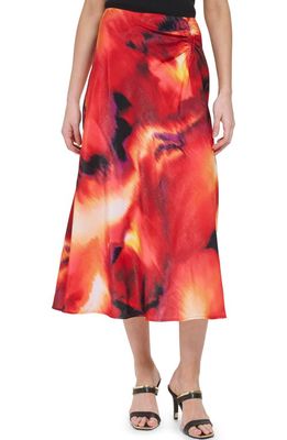 DKNY Ruched Print Satin Maxi Skirt in Black/Persimmon Multi