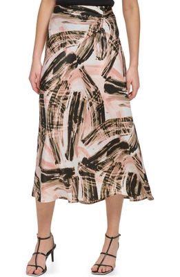 DKNY Ruched Print Satin Maxi Skirt in Ivory/Gold Sand Multi