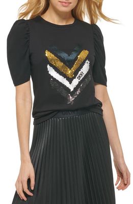 DKNY Ruched Puff Sleeve Mixed Media Logo Top in Black Multi