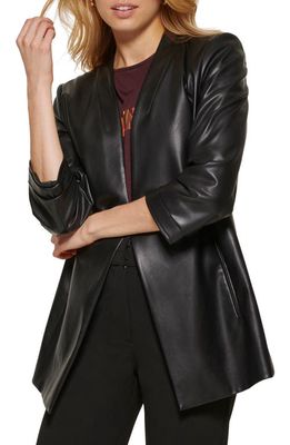 DKNY Ruched Sleeve Faux Leather Blazer in Black