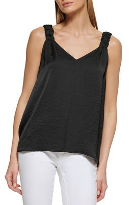 DKNY Ruched Strap Satin Top in Black