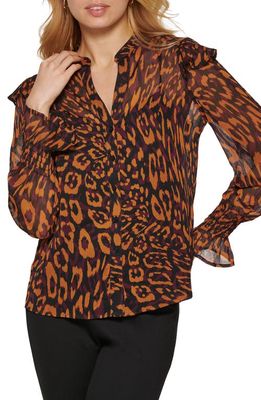 DKNY Ruffle Button-Up Shirt in Roasted Pecan Multi