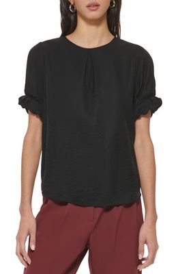 DKNY Ruffle Cuff Hammered Satin Blouse in Black
