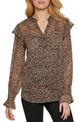 DKNY Ruffle Long Sleeve Button-Up Shirt in Vicuna Black