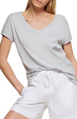 DKNY Satin Pocket V-Neck T-Shirt in Ice Grey