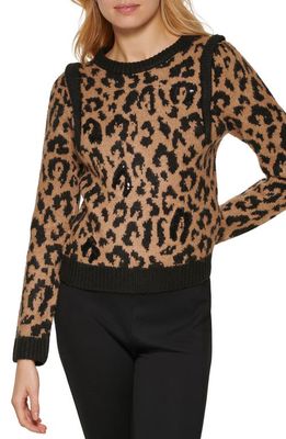 DKNY Sequin Leopard Crewneck Sweater in Fawn/Black