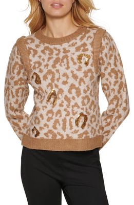 DKNY Sequin Leopard Crewneck Sweater in Roasted Pecan Heather/Black