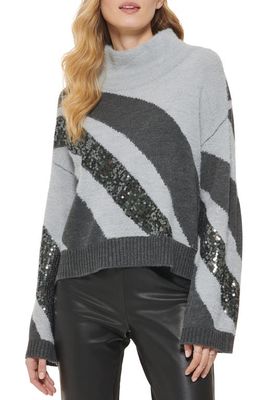 DKNY Sequin Swirl Turtleneck Sweater in Flint Heather/Slate Heather