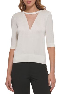 DKNY Sheer Mesh Illusion V-Neck Sweater in Ivory