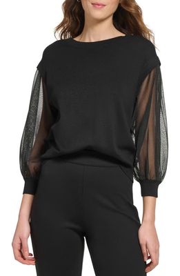 DKNY Sheer Sleeve Mixed Media Sweater in Black
