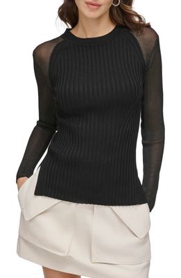 DKNY Sheer Sleeve Rib Sweater in Black/Black