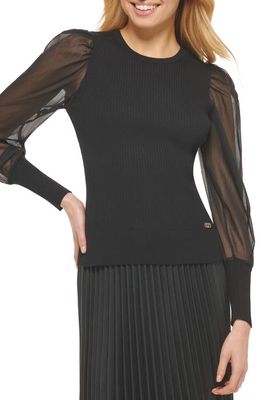 DKNY Sheer Sleeve Ribbed Sweater in Black/Black