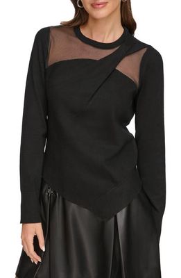 DKNY Sheer Yoke Asymmetric Hem Sweater in Black