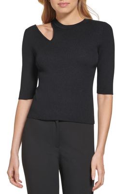 DKNY Shoulder Cutout Rib Sweater in Black