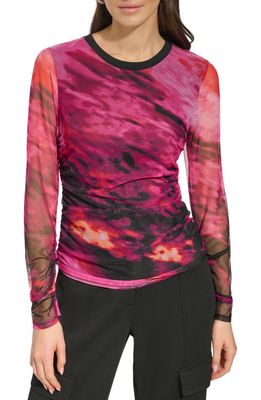 DKNY SPORTSWEAR Print Ruched Mesh Top in Shocking Pink Multi