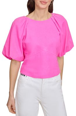DKNY SPORTSWEAR Puff Sleeve Linen Blend Top in Shocking Pink