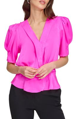 DKNY SPORTSWEAR Puff Sleeve Peplum Satin Top in Shocking Pink
